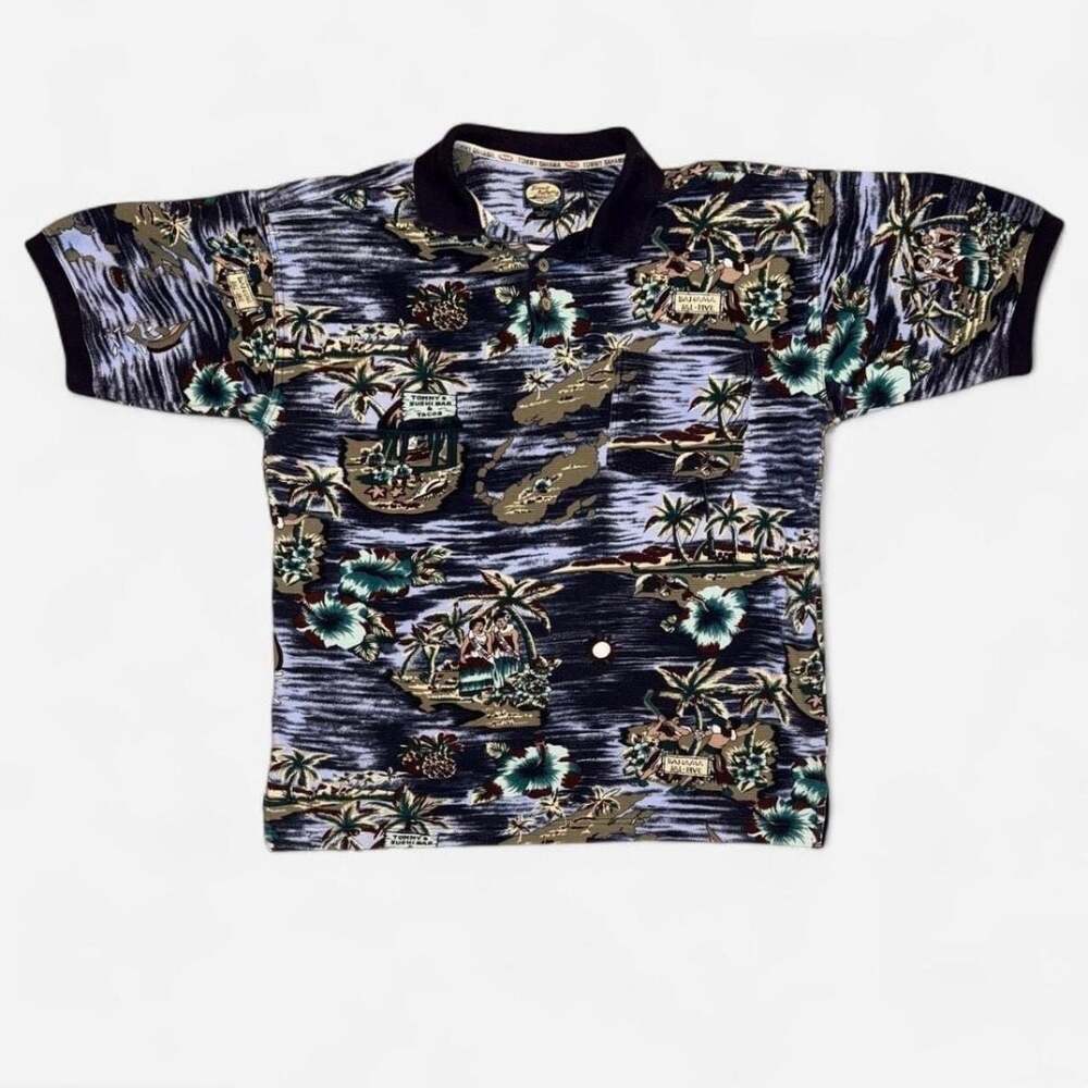 Vintage Tommy Bahama Tropical Island Print Cotton Pique Polo Shirt XL